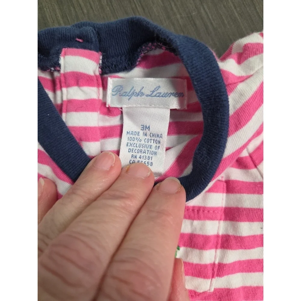 Ralph Lauren Baby Girl 3 months Pink Striped Dress Blue Eyelet‎ Peplum Hem Logo